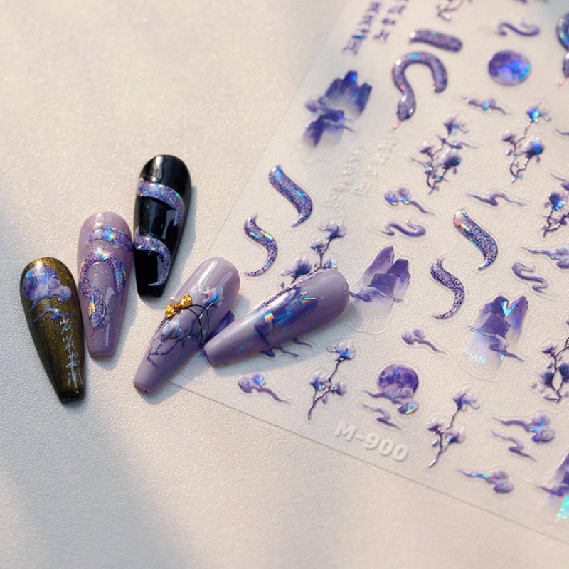 Maigitur 5D Embossed Snake Nail Stickers Purple Nail Art Stickers Self-Adhesive Mountain Nail Decals Chinese Style for Nail Art Flower Moon Nail Supplies Spring Stickers for Women Girls DIY Manicure - Image 3